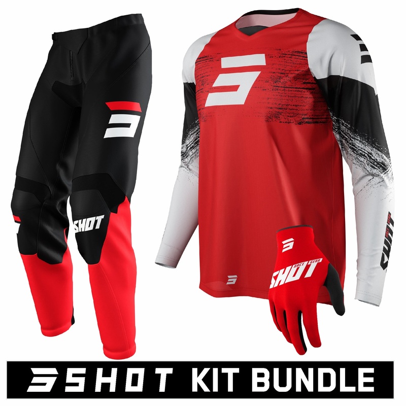 Shot RAW Burst Red Kit Bundle (Jersey: Extra Large, Pants: 36” Waist, Gloves: Size 12)