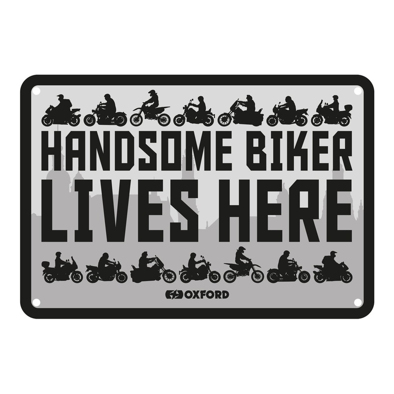 Oxford Garage Metal Sign: “Handsome Biker Lives Here”