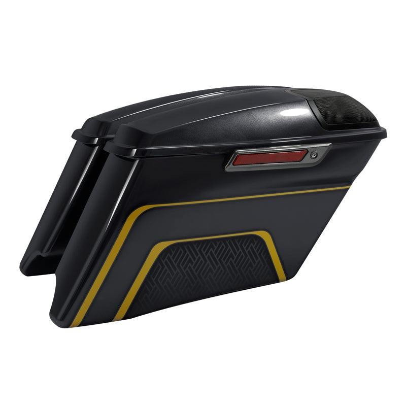 HR3 Gold / Black Geometric Shape Fade  CVO Stretched Saddlebags with Speaker Lids For 14-23 Harley Touring