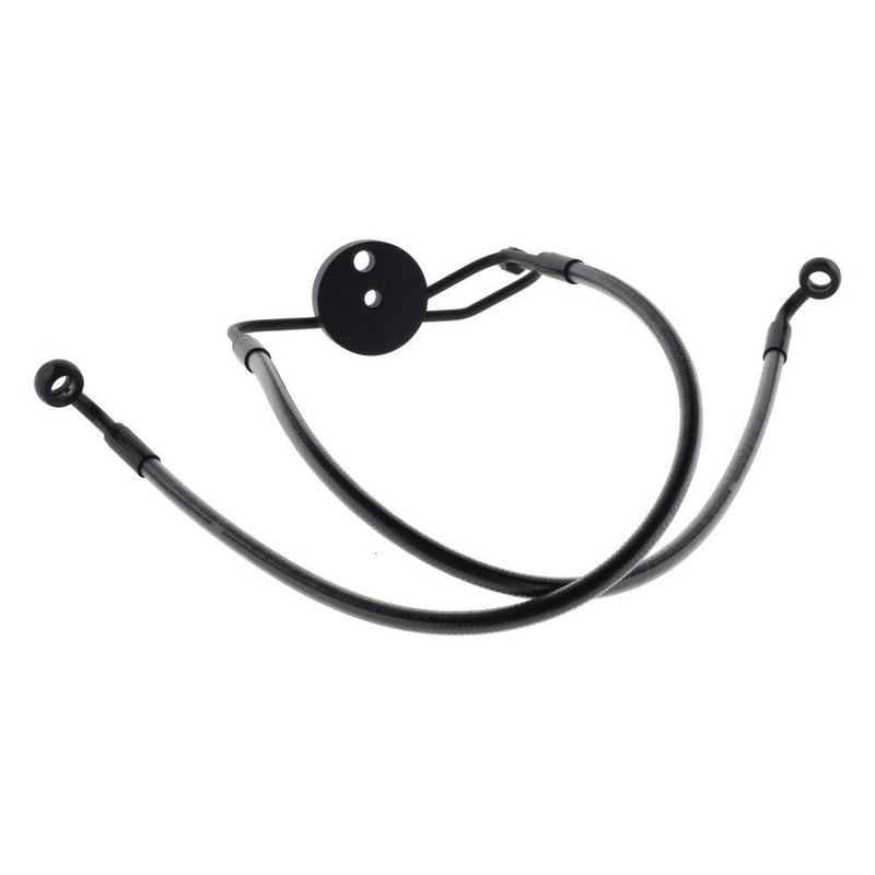 Lower Front Brake Line with T-Piece – Black Pearl. Fits Sportster & Dyna with Dual Front Calipers.