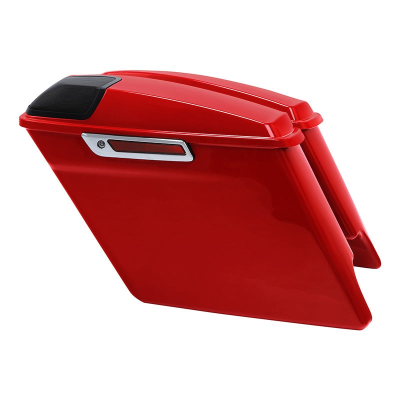 HR3 Billiard Red 5″ Stretched Extended Saddlebags with speaker lids For Harley Touring 2014-2023