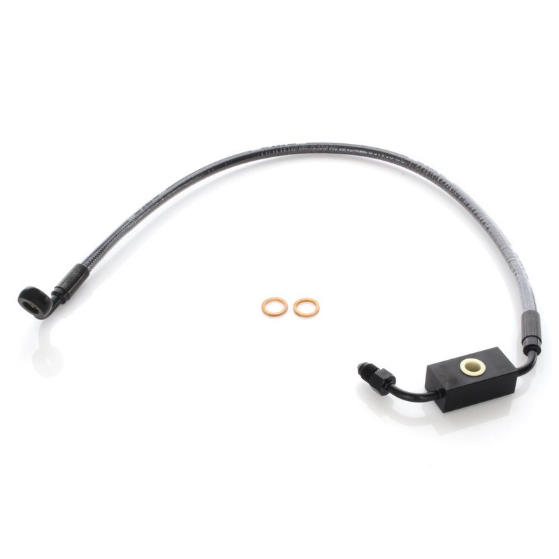 Stock Length Lower Front Brake Line – Black Pearl. Fits Dyna 2012-2017 with ABS & Single Front Disc Caliper.