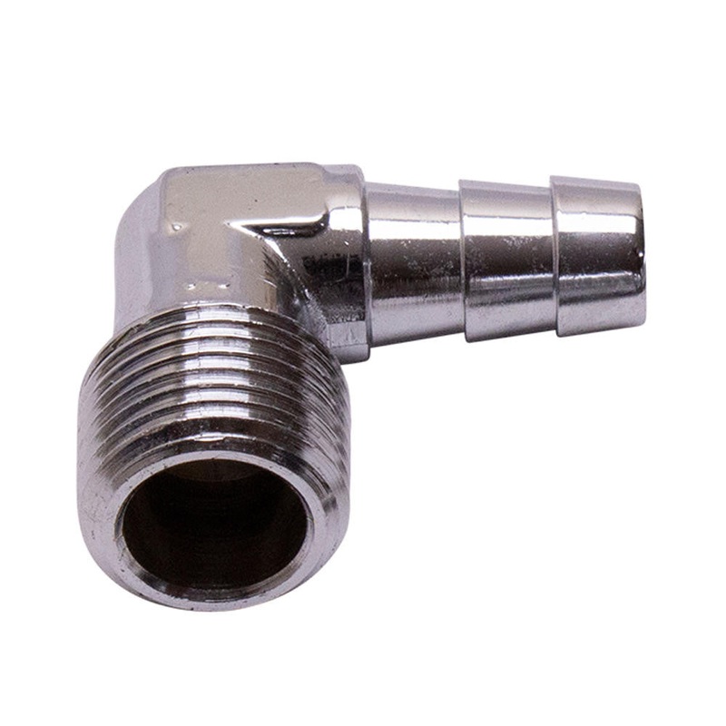 90 Deg  3/8″ NPT x 3/8″ Hose Barb Fitting – Chrome